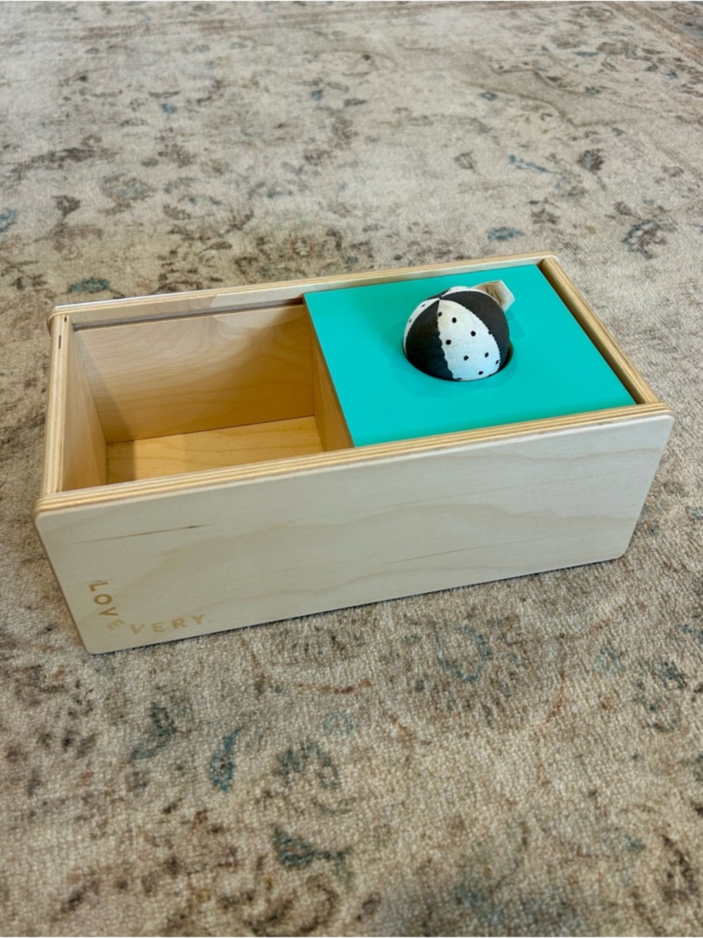 Lovevery sliding top box, wooden Montessori object permanence toy
